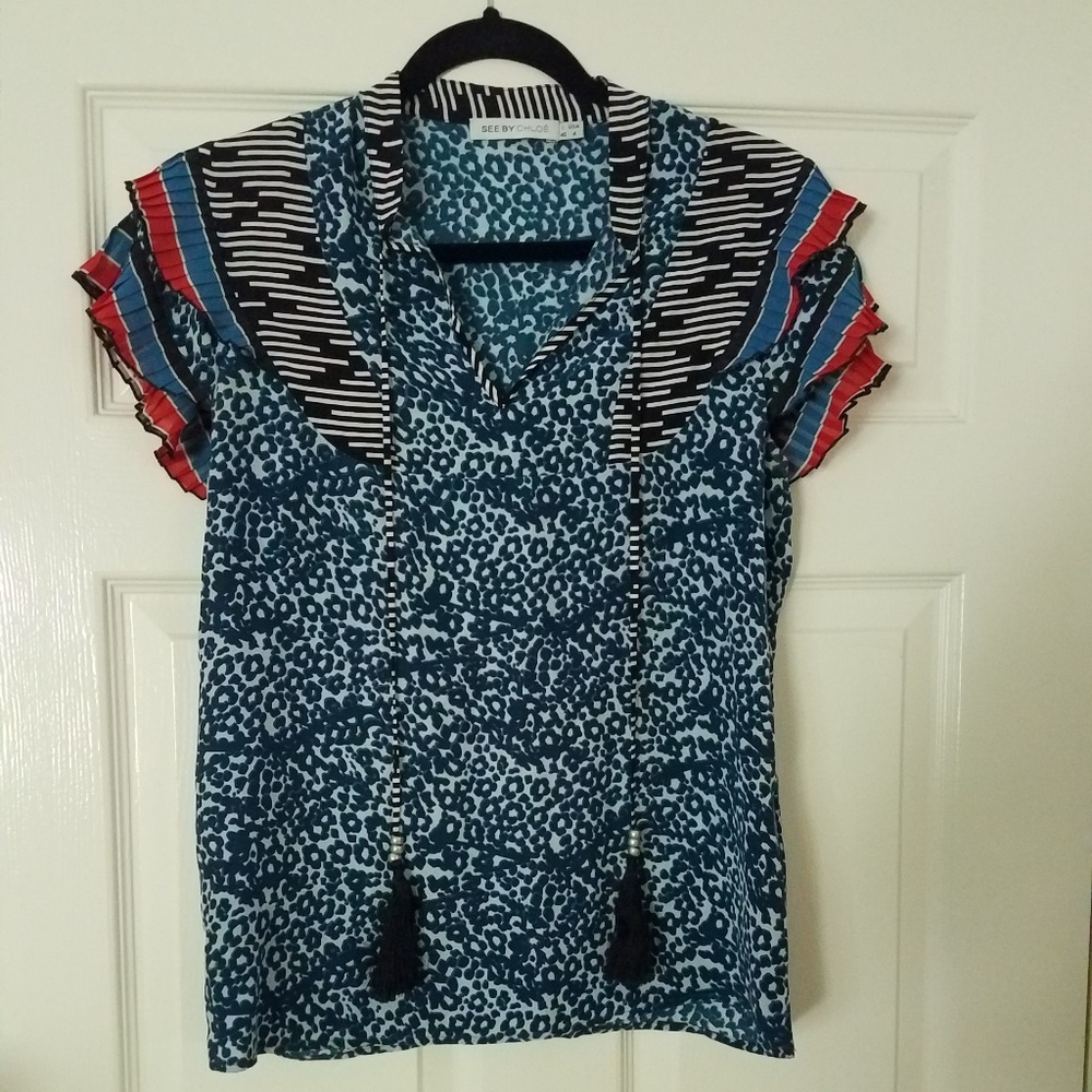 See By Chloe Blue Leopard Blouse w Sleeve Details